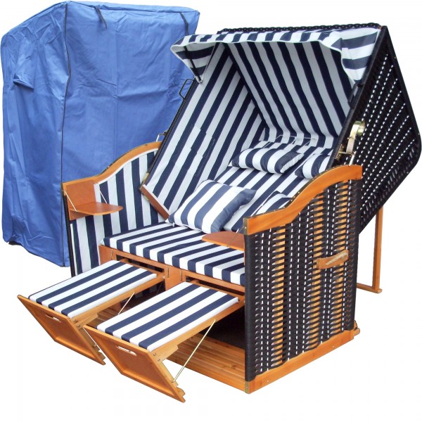 Sylt Strandkorb ✔ 2-Sitzer ✔ XL ✔ blau-weiss ✔ PE-Rattan